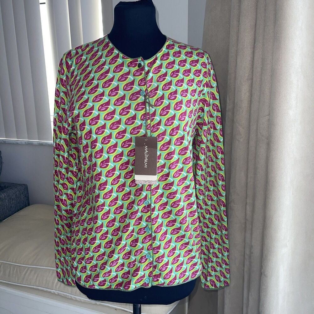MALIPARMI CARDIGAN Cotton KNIT  Pink Green Leaf Metallic Button ITALY L